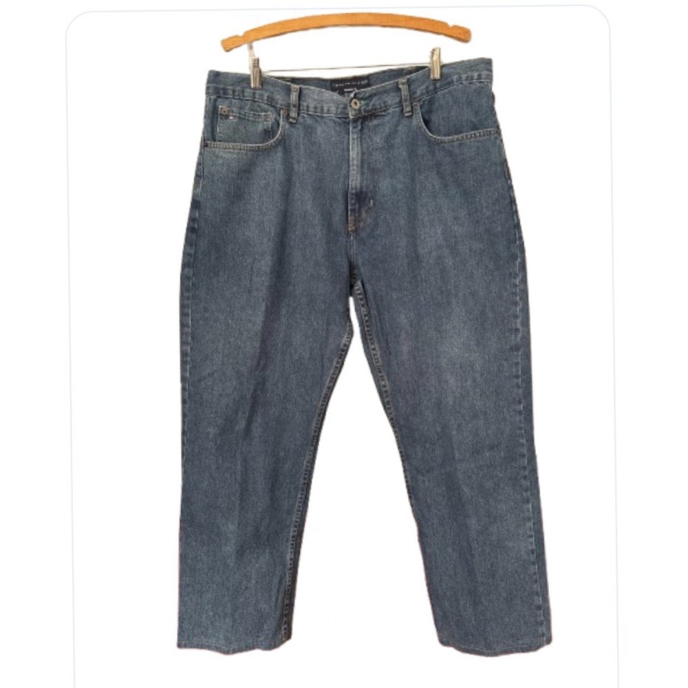 Vintage 90s Tommy Hilfiger Mens 38x30 Spell Out Faded Relaxed Fit Wide Leg Jeans